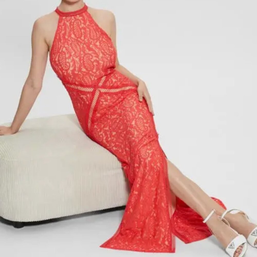 NWT Guess Women's New Liza Lace Halter Sleeveless Gown, size XS